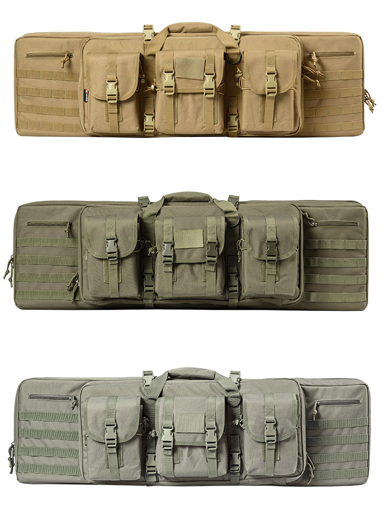 1、Durable 900D PVC polyester structure, waterproof 2、Detachable backpack shoulder strap (through d-button) 3、High density EVA foam filling edge 4、Internal center separation provides filling protection between guns 5、Front accessories x3w elastic bag, personalized magic sticker ID panel 6、The device is fixed by an internal Velcro strap 7、All stressed parts are strengthened by technology 8、MOLLE system on each side, two zippers with internal space 9、High strength webbing connection at the top, bottom and outside of both sides